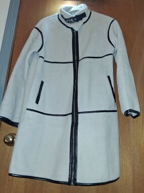 Women's White Faux Shearling Coat with Black Trim